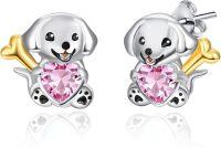 wholesale 925 Sterling Silver Hypoallergenic Dog Stud Earrings with Heart Crystal and Bone for Women Gifts-Pink