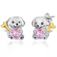 wholesale 925 Sterling Silver Hypoallergenic Dog Stud Earrings Wholesale with Heart Crystal and Bone for Women Gifts-Pink