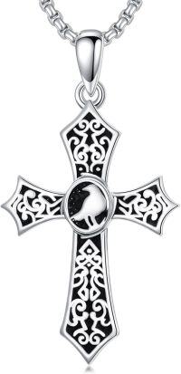wholesale 925 Sterling Silver Cross with Black Enamel and White Bird Pendant Necklace - Gothic s for Him & Her-Cross