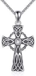 wholesale 925 Sterling Silver Celtic Knotwork Cross Pendant with Cubic Zirconia Stone Chain Necklace  for Women and Men-0-0