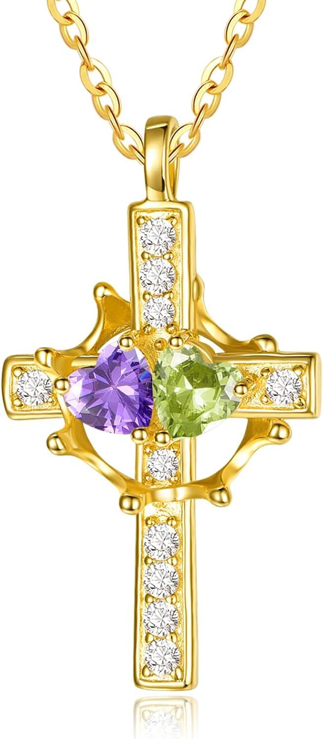 Sterling Silver Birthstones Gold Cross Necklace for Women -02-08-Feb-Aug-02-08-Feb-Aug