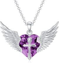 wholesale Sterling Silver Gold Angel Wings Necklace with Cross Birthstone Valentine s Gift-02-Feb-Amethyst White Gold