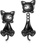 wholesale 925 Sterling Silver Black Cat Dangle Earrings - Adorable Kitty Design for Women and Girls-0-0