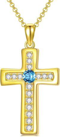 wholesale 925 Sterling Silver Gold Plated Cubic Zirconia Birthstone Cross Necklace-C.Blue-March