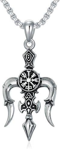 wholesale 925 Sterling Silver Viking Vegvisir Compass Pendant with Wolf Head and Talons on 3mm Cable Chain - Mens Womens Norse  Set-Trident