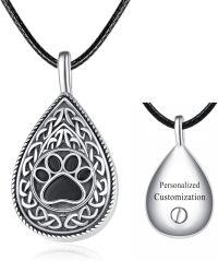 wholesale 925 Sterling Silver Tear Drop Pet Urn with Black Paw Print and Celtic Knot Design - Personalized Customization Available-Silver-Text Personalized Custom