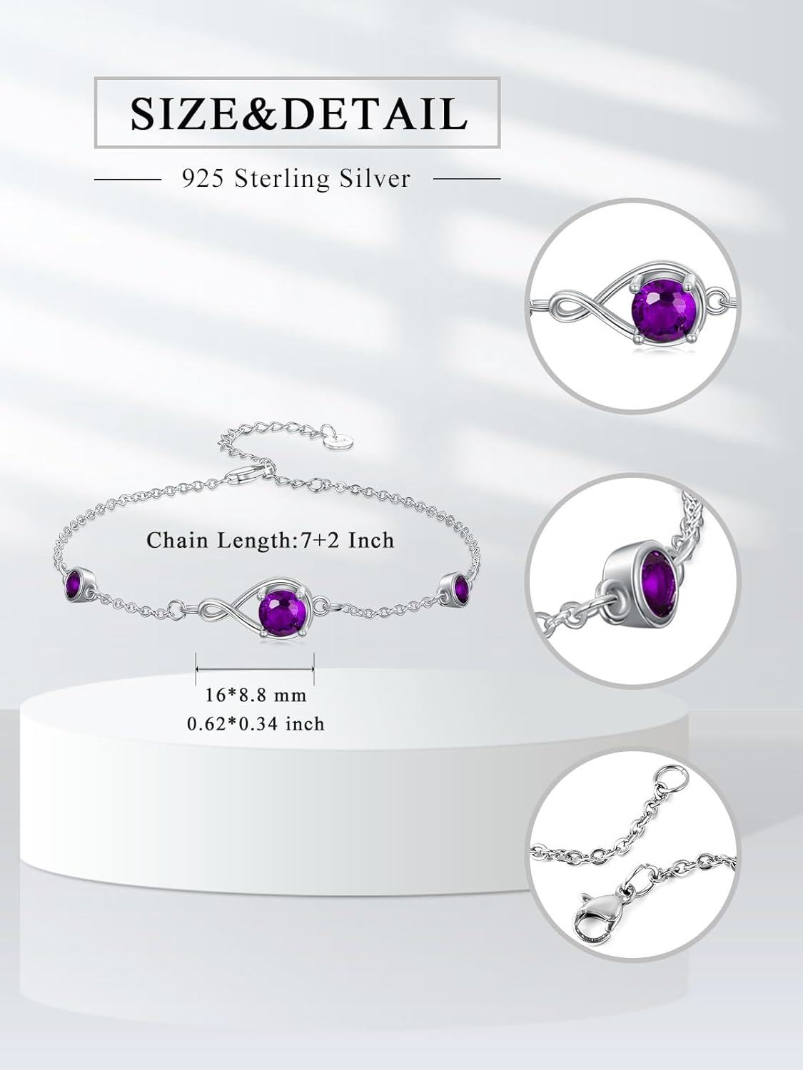  Sterling Silver Infinity Birthstone Link Bracelet for Women Adjustable 7 +2 Chain Gift -0-1