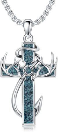 wholesale Sterling Silver Deer Antler Cross Necklace for Men Hunting Jewelry Gift-2-07-Turquoise