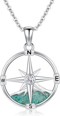 wholesale 925 Sterling Silver with Turquoise Inlay Viking Compass Pendant Necklace for Women and Men-Mountain Compass