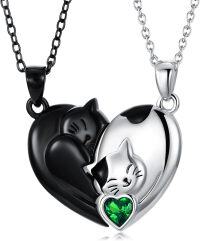 wholesale Sterling Silver Love Arrow Cat Couples Heart Necklaces Gifts for Couples-Couple Cat-May Birthstone
