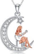 wholesale 925 Sterling Silver Crescent Moon with Girl Playing Guitar Pendant Necklace for Women-0-0
