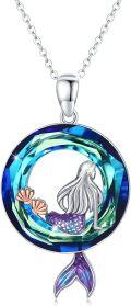 wholesale 925 Sterling Silver Blue Crystal Mermaid with Starfish and Seashells Pendant Necklace-0-0