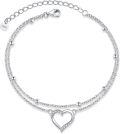 wholesale 925 Sterling Silver Heart Charm Anklet with Cubic Zirconia and Beads for Women Girls  6-8 Adjustable Chain Length-0-0