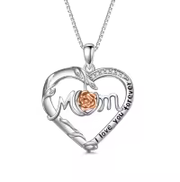 TOUPOP Sterling Silver Rose Flower I Love You Forever Mom Heart Pendant Necklace-undefined