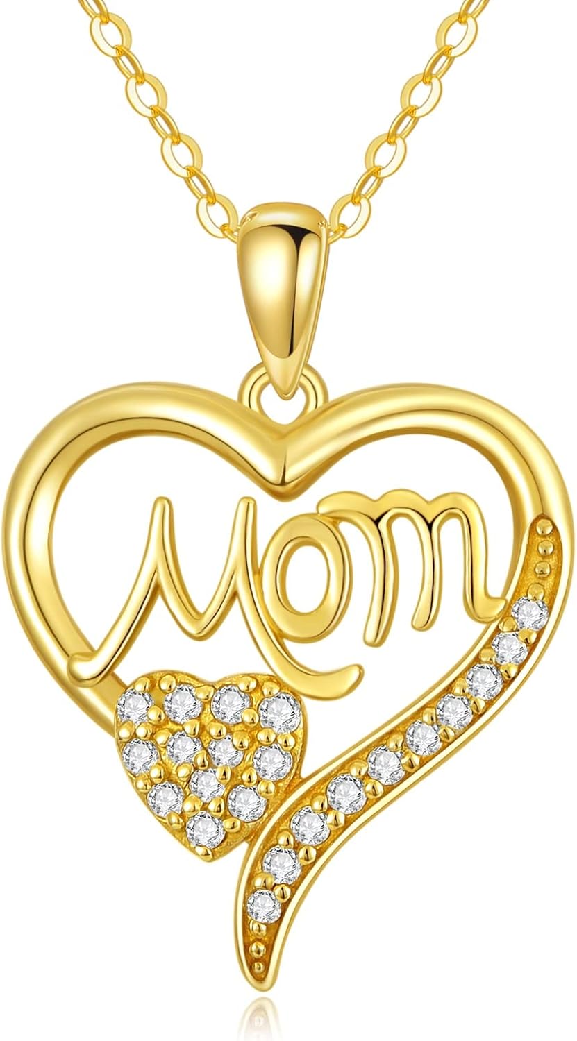 wholesale 14K Gold Mom Heart Pendant Necklace with Cubic Zirconia - Gift for Mother's Day-0-0