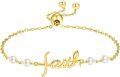 wholesale 925 Sterling Silver Plated Gold Metal Freshwater Pearl Faith Cross Charm Adjustable Bracelet for Women - Religious Christian-0-0