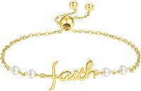 wholesale 925 Sterling Silver Plated Gold Metal Freshwater Pearl Faith Cross Charm Adjustable Bracelet for Women - Religious Christian-Faith-Gold