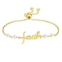 wholesale 925 Sterling Silver Plated Gold Metal Freshwater Pearl Faith Cross Charm Adjustable Bracelet for Women - Religious Christian-Faith-Gold