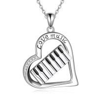 wholesale 925 Sterling Silver Love Music Piano Keys Heart Pendant Necklace With Zircon Accents-Piano