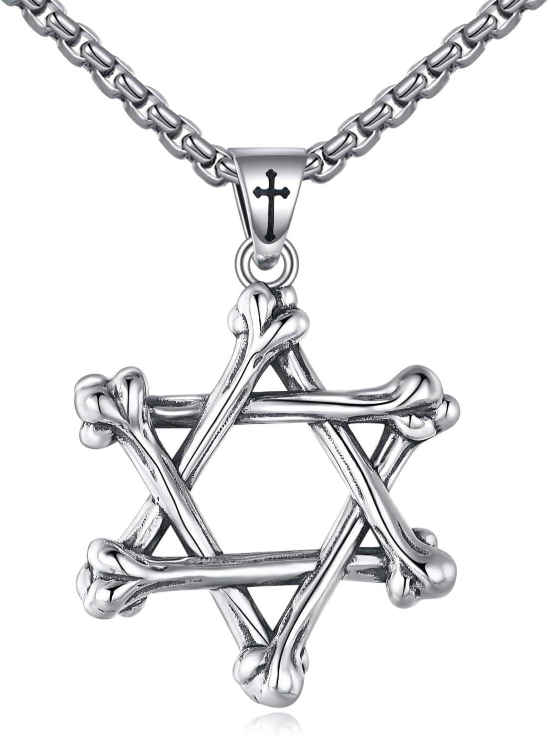 Sterling Silver Star of David Hexagram Gothic Bone Pendant Necklace-0-0