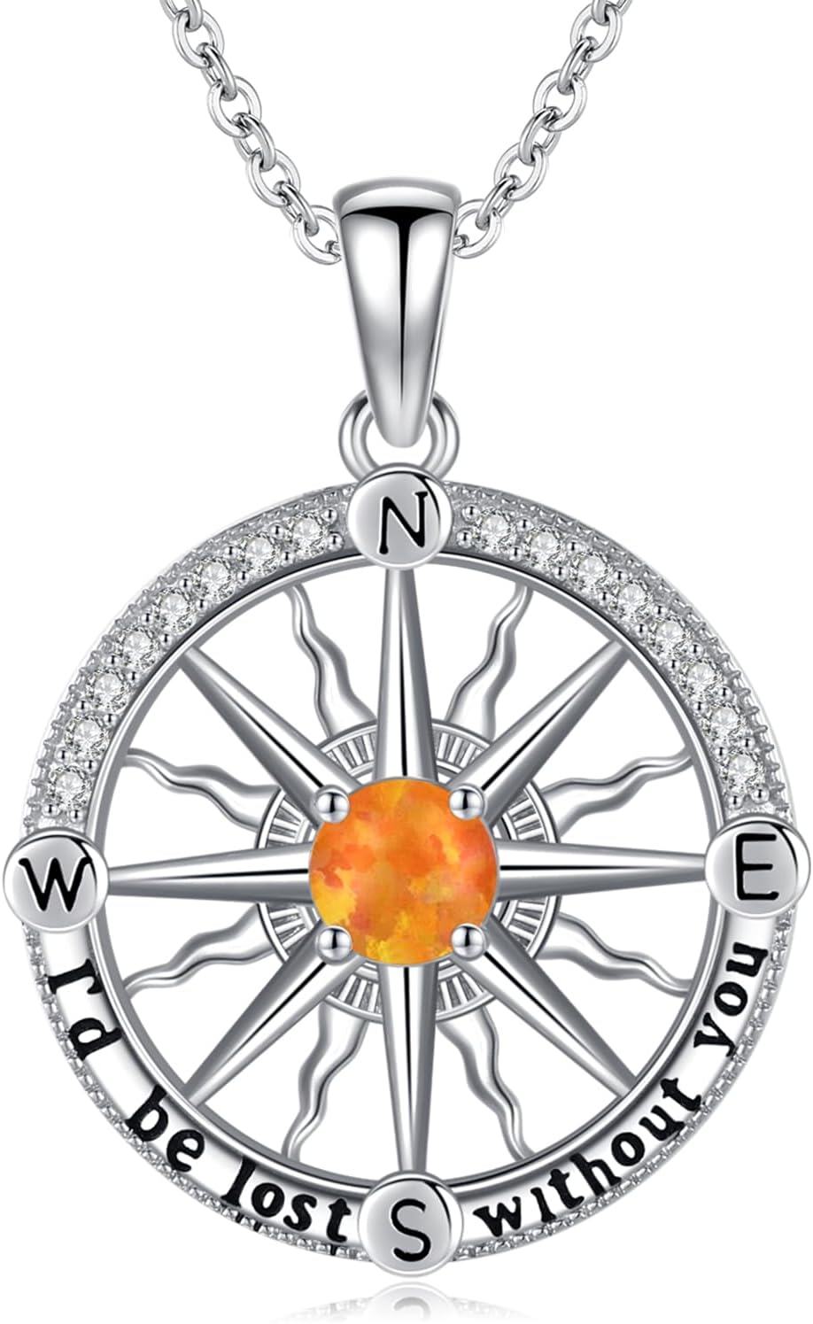 wholesale 925 Sterling Silver Orange Opal Compass Necklace I'd be lost without you Pendant Gift for Women-0-0