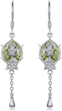 wholesale 925 Sterling Silver Green Moss Agate Scottish Thistle Drop Earrings with Celtic Knot and Teardrop Pendant-Scottish Thistle Earrings