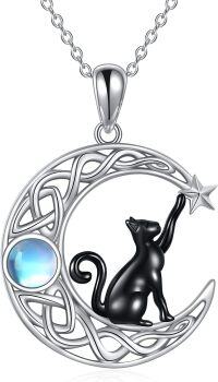wholesale 925 Sterling Silver Abalone Shell Black Cat on the Moon Pendant Necklace for Women-Black Cat Moonstone