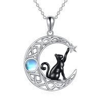 wholesale 925 Sterling Silver Abalone Shell Black Cat on the Moon Pendant Necklace for Women-Black Cat Moonstone