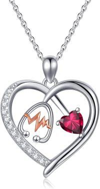 wholesale Sterling Silver Gemstone Heart Stethoscope Pendant Necklace for Women-A7:July-Ruby