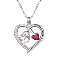 wholesale 925 Sterling Silver Gemstone Heart Stethoscope Pendant Necklace for Women-A7:July-Ruby