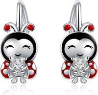 wholesale 925 Sterling Silver Animal Leverback Hoop Earrings Axolotl Cat Sloth Dog Fox Huggie Hypoallergenic Jewelry Gifts for Women Teens-Ladybug