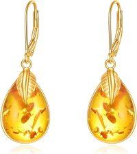 wholesale 925 Sterling Silver Teardrop Amber Feather Drop Earrings-Leaf