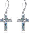 wholesale 925 Sterling Silver Hummingbird Cross Earrings with Abalone Shell Inlay Dangle Drop Leverback Religious Jewelry for Women and Men-0-0