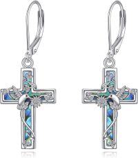 wholesale 925 Sterling Silver Hummingbird Cross Earrings with Abalone Shell Inlay Dangle Drop Leverback Religious Jewelry for Women and Men-I-Hummingbird