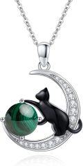 wholesale 925 Sterling Silver Malachite Moon Cat Pendant Necklaces for Women's -0-0