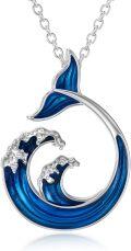 wholesale 925 Sterling Silver Blue Enamel Whale Tail & Ocean Wave Necklace for Women-0-0