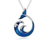 wholesale 925 Sterling Silver Blue Enamel Whale Tail & Ocean Wave Necklace for Women-Wave-1