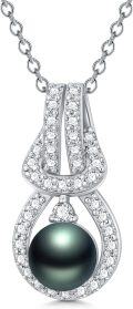 wholesale 925 Sterling Silver with Black Tahitian Pearl and Cubic Zirconia Accent Infinity Pendant Necklace-0-0