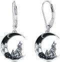 wholesale 925 Sterling Silver Howling Wolf Crescent Moon Drop Earrings-0-0