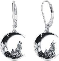 wholesale 925 Sterling Silver Howling Wolf Crescent Moon Drop Earrings-Wolf