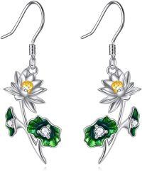wholesale 925 Sterling Silver Purple Poppy Flower Drop Dangle Earrings with Green Leaves and CZ Stones for Women Girls -Drop-July Lotus Flower Earrings
