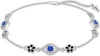 wholesale 925 Sterling Silver Evil Eye Anklet with Blue Stones and Black Flowers for Women-Bracelet7''-9''-Evil Eye Flower