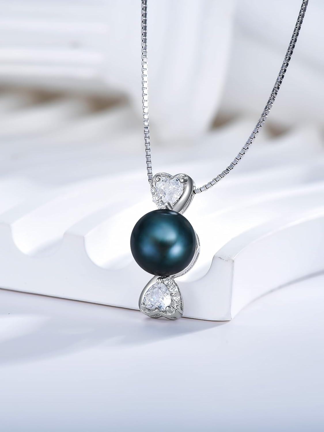Silver 925 Sterling Silver with White Gold Plated and Black Pearl Heart Pendant Necklace for Women-0-1