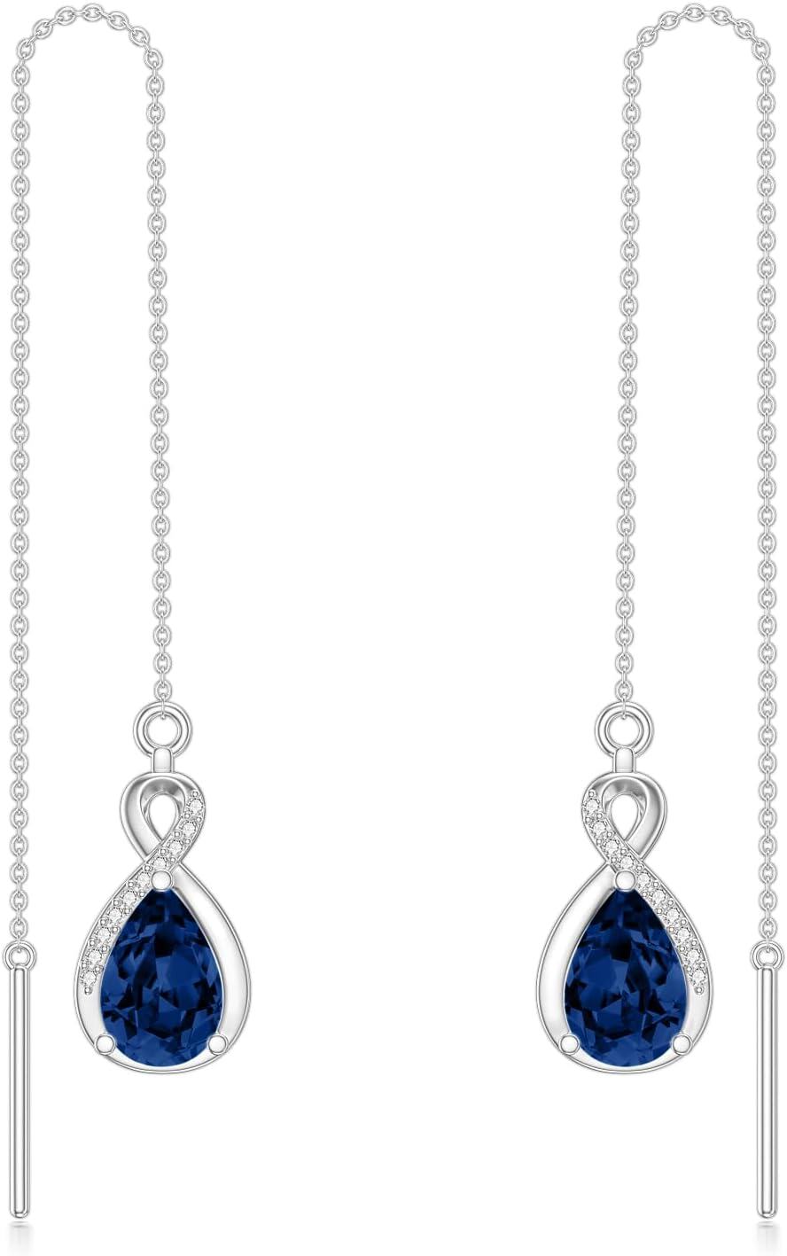 Sterling Silver 12 Birthstone Infinity Threader Drop Earrings for Women-9-Sep-Sapphire Blue