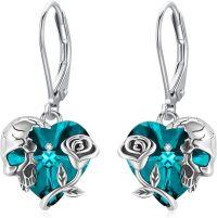 wholesale  Sterling Silver & Heart Crystal Rose Skull Dangle Earrings – Gothic Birthstone Jewelry Gift-December