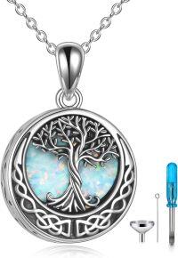 wholesale 925 Sterling Silver Round Opal Tree of Life Cremation Jewelry Keepsake Pendant Necklace with Funnel and Fill Tool-White opal