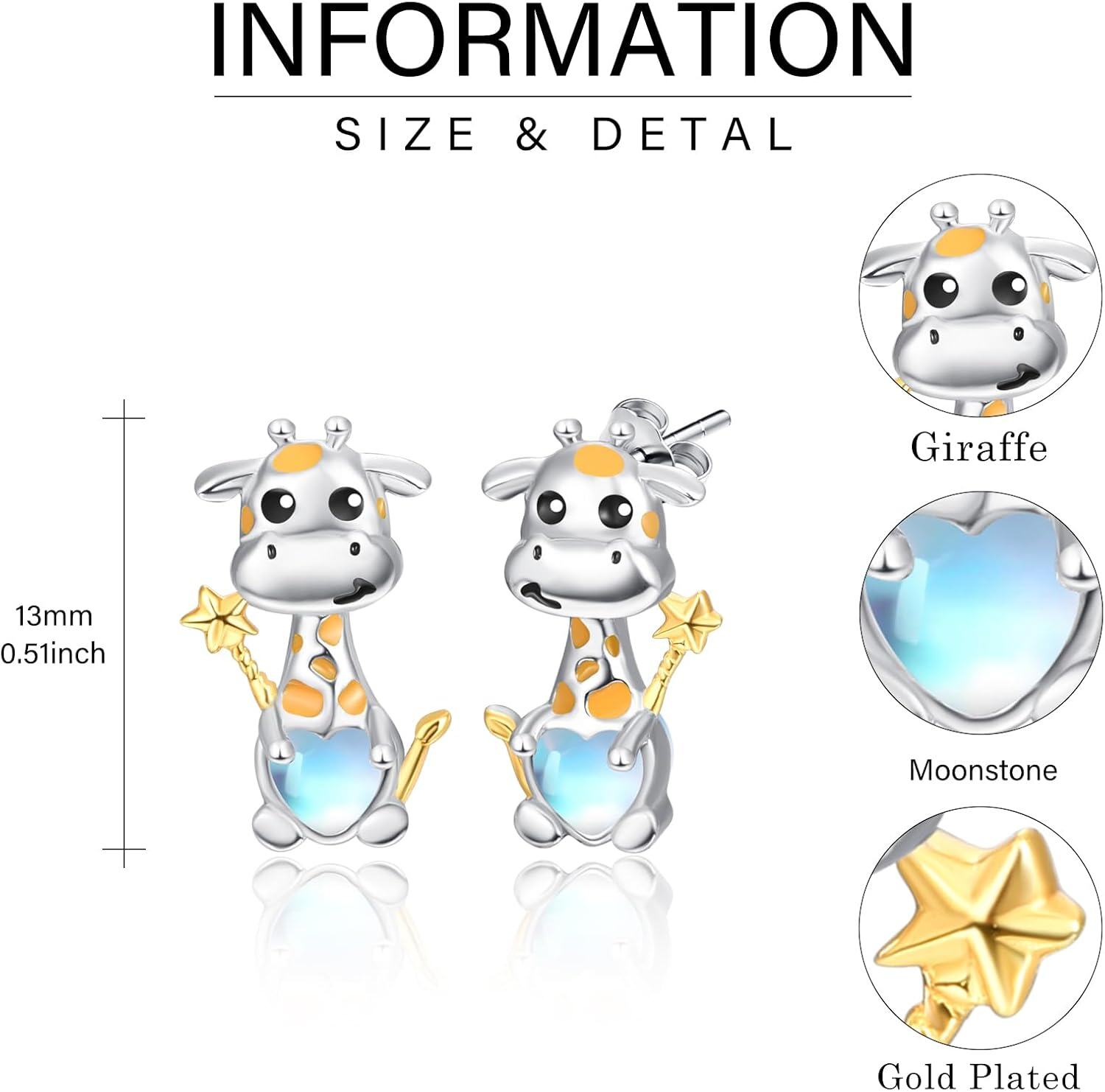 925 Sterling Silver Giraffe Moonstone Stud Earrings for Girls and Women - Hypoallergenic -0-5