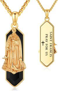 wholesale 925 Sterling Silver Plated Gold Onyx Saint Francis Prayer Necklace - Religious Jewelry for Men Women -St Francis