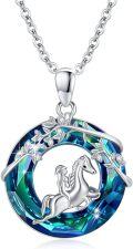wholesale 925 Sterling Silver Blue Crystal Unicorn Pendant Necklace for Women Girls  45cm Chain Length-0-0