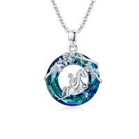 wholesale 925 Sterling Silver Blue Crystal Unicorn Pendant Necklace for Women Girls  45cm Chain Length-elegant